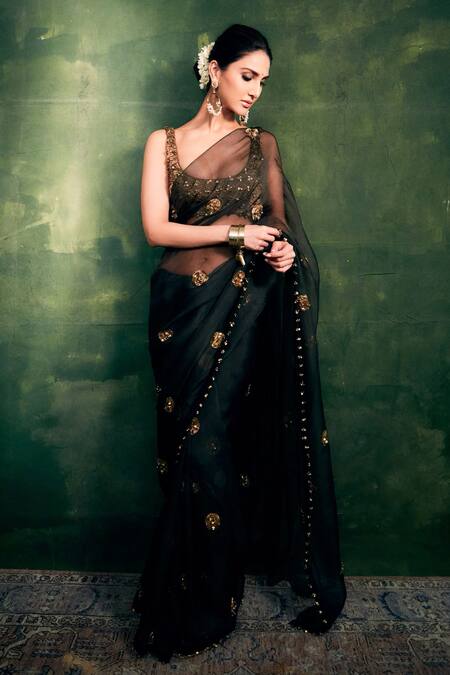 Shop_Itrh_Gold Organza Gota Patti, Embroidery Scoop Neck Black Ghungroo Saree Set _Online_at_Aza_Fashions