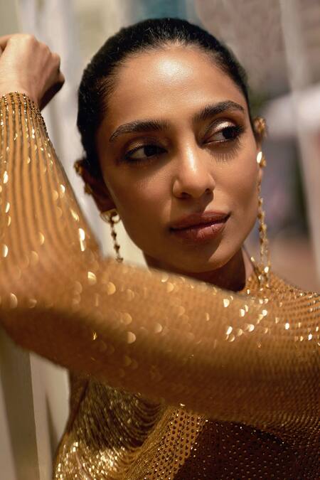 Buy_Itrh_Gold Jersey Crystals Round Neck Embellished Gown_Online_at_Aza_Fashions