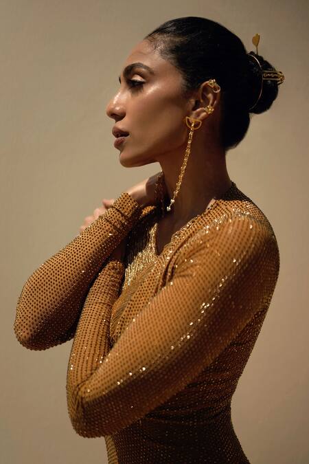 Shop_Itrh_Gold Jersey Crystals Round Neck Embellished Gown_Online_at_Aza_Fashions