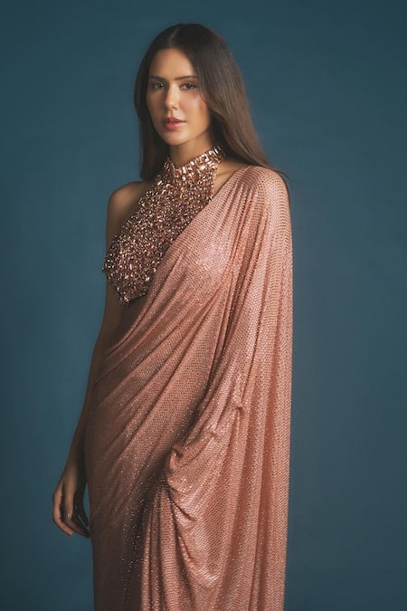 Buy_Itrh_Peach Net Crystals Halter Neck Embellished Pre-draped Saree And Blouse _Online_at_Aza_Fashions