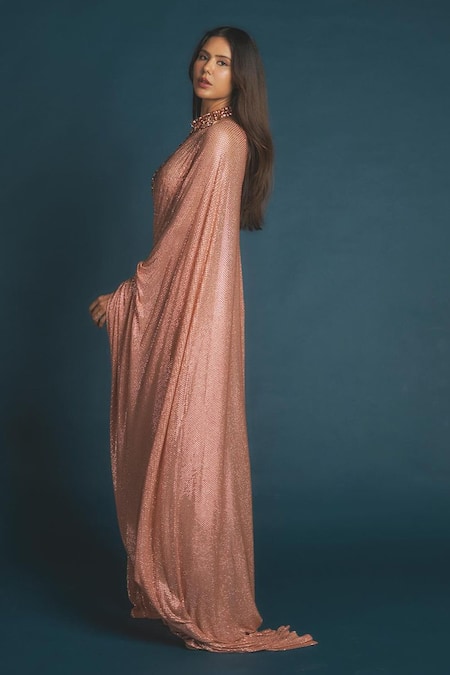 Shop_Itrh_Peach Net Crystals Halter Neck Embellished Pre-draped Saree And Blouse _Online_at_Aza_Fashions