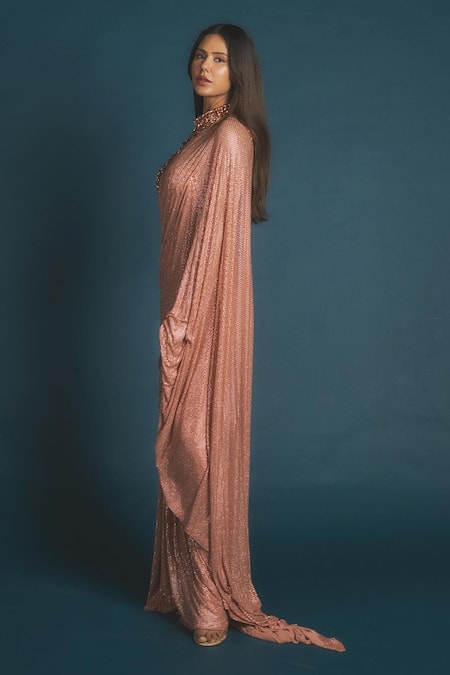 Itrh_Peach Net Crystals Halter Neck Embellished Pre-draped Saree And Blouse _at_Aza_Fashions