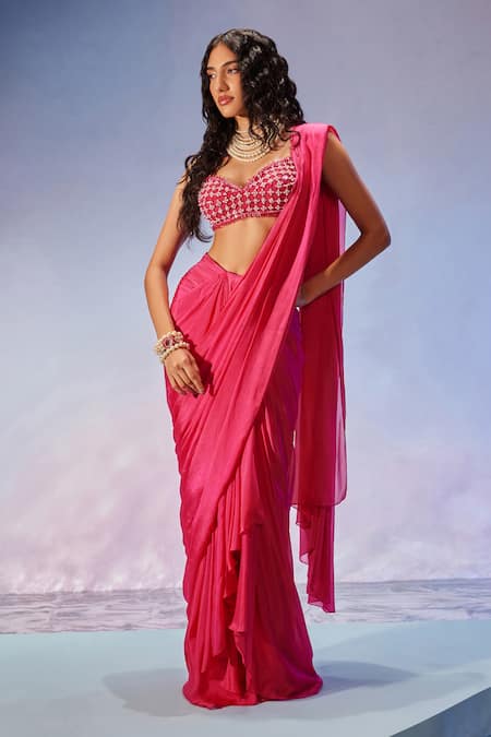 Zamoraa The Label Pink Georgette Hand Embroidered Jaal Pleated Pre-draped Saree With Blouse 