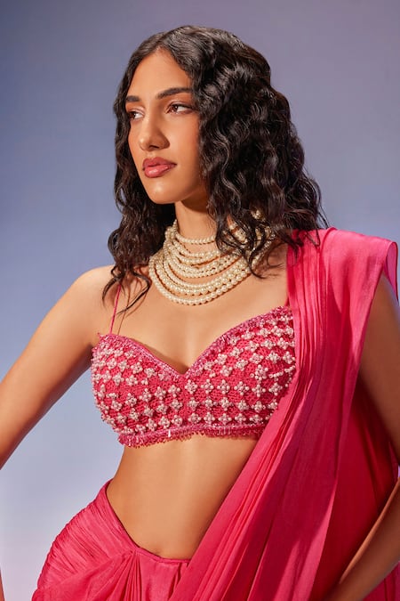 Mukta Sabharwal_Pink Georgette Crystals, Embroidery Sweetheart Neck Pleated Pre-draped Saree Set _Online_at_Aza_Fashions