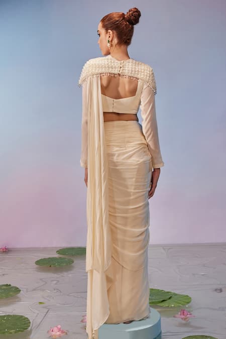 Mukta Sabharwal Ivory Hand Embroidered Pre-Draped Saree Set 