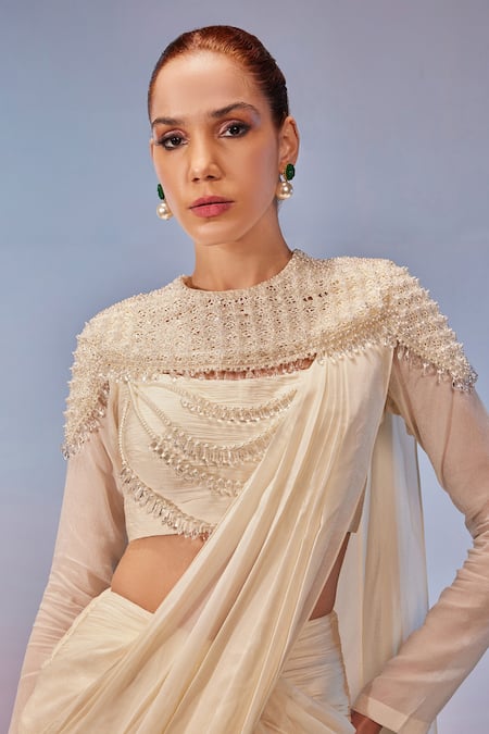 Mukta Sabharwal_Ivory Georgette Pearls, Tassels Scoop Neck Hand Embroidered Pre-draped Saree Set _Online_at_Aza_Fashions
