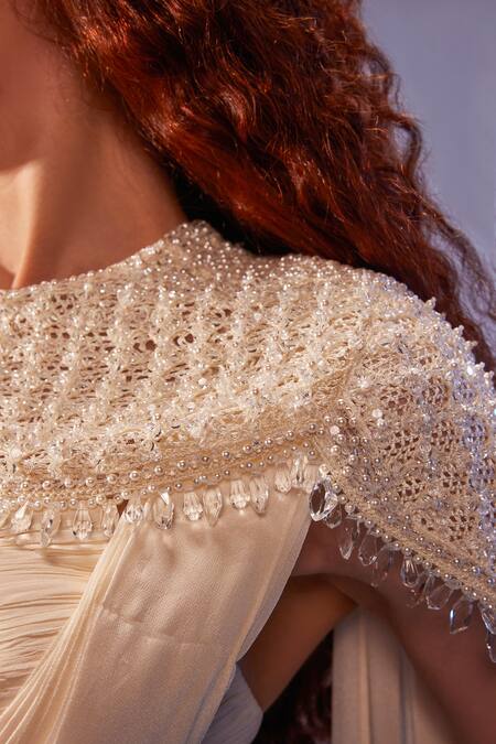 Buy_Mukta Sabharwal_Ivory Georgette Pearls, Tassels Sweetheart Embroidered Bib Pre-draped Saree Set _Online_at_Aza_Fashions