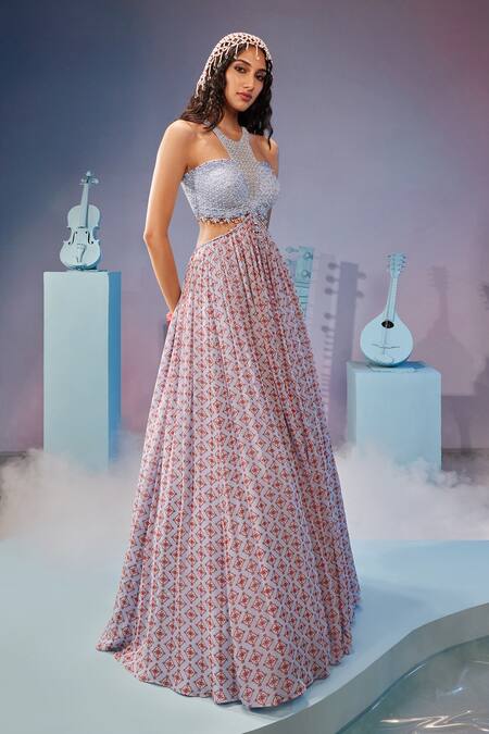 Mukta Sabharwal_Blue Georgette Embroidery Halter Neck Geometric Print Cut-out Anarkali Gown _Online_at_Aza_Fashions