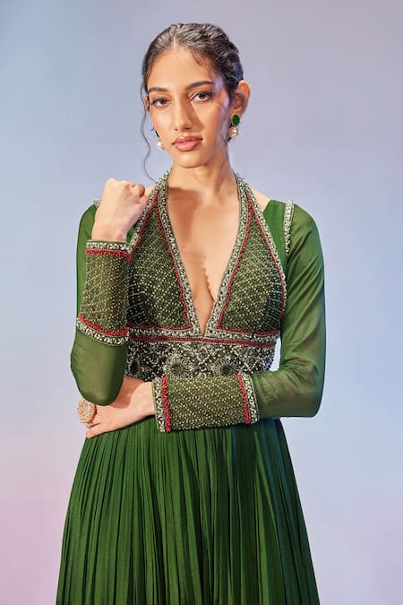 Mukta Sabharwal_Green Georgette Beads, Embroidery Plunge Neck Floral Hand Anarkali Gown _Online_at_Aza_Fashions