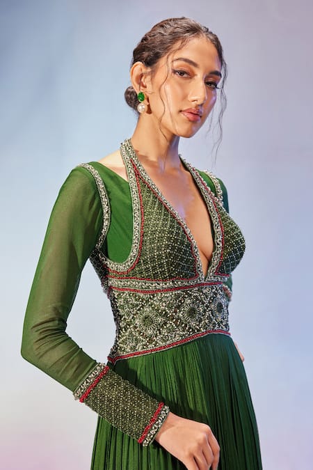 Shop_Mukta Sabharwal_Green Georgette Beads, Embroidery Plunge Neck Floral Hand Anarkali Gown _Online_at_Aza_Fashions