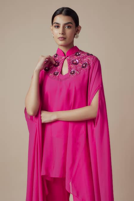 Yoshita Couture_Pink Georgette Sequins Mandarin Collar, Round Neck Floral Applique Kaftan Set _Online_at_Aza_Fashions
