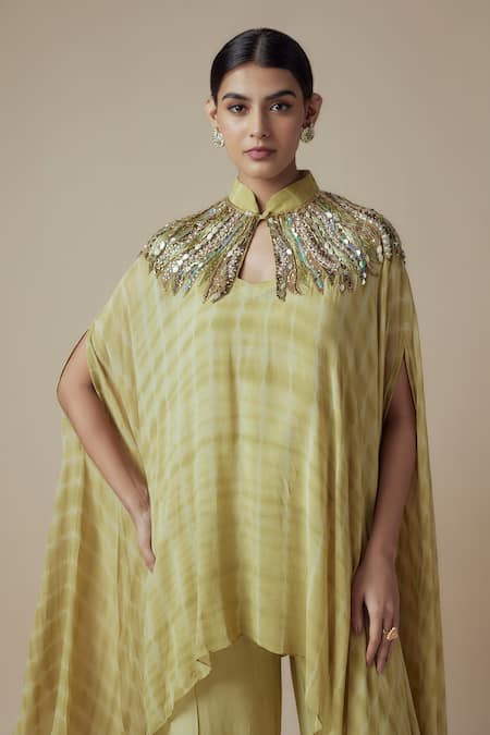 Yoshita Couture Green Georgette Sequins Mandarin Collar Hand Tie-dye Kaftan And Palazzo Set Online at Aza Fashions Yoshita Couture_Green Georgette Sequins Mandarin Collar Hand Tie-dye Kaftan And Palazzo Set _Online_at_Aza_Fashions