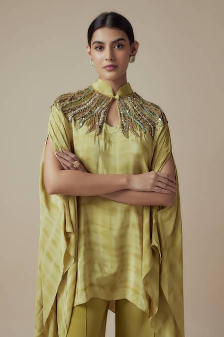 Buy_Yoshita Couture_Green Georgette Sequins, Beads Mandarin Hand Tie-dye Asymmetric Kaftan Set _Online_at_Aza_Fashions
