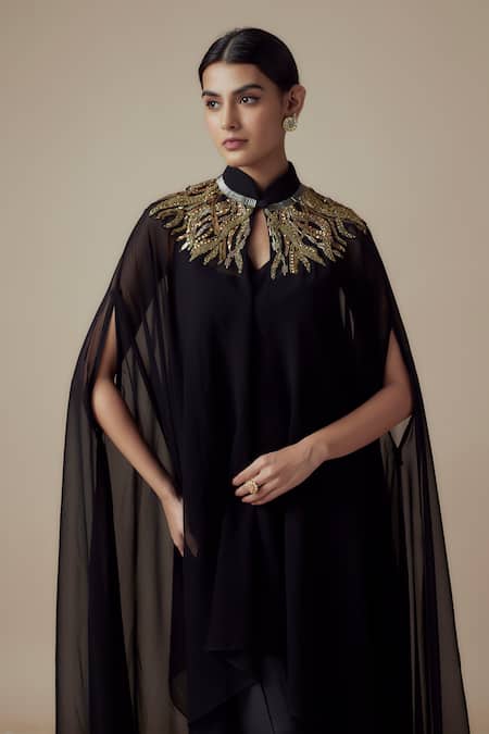 Yoshita Couture_Black Georgette Beads, Sequins Mandarin Collar, Round Embroidered Kaftan Set _Online_at_Aza_Fashions