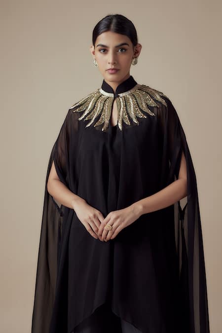 Yoshita Couture_Black Georgette Sequins, Beads Mandarin Collar, Round Neck Kaftan Set _Online_at_Aza_Fashions