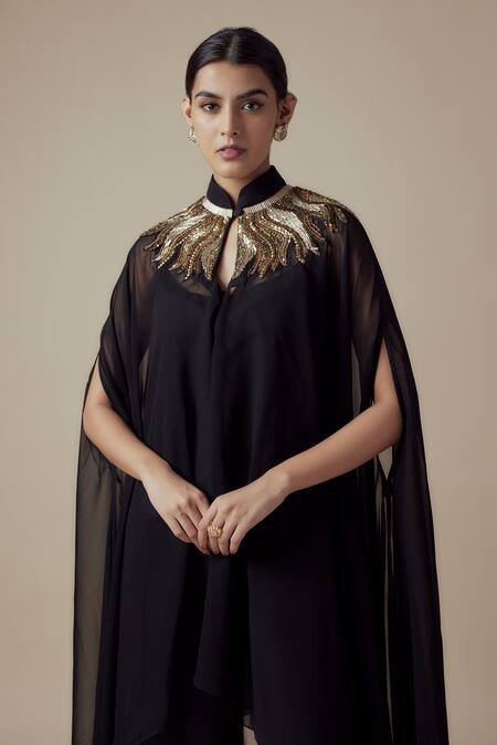 Yoshita Couture_Black Georgette Sequins, Beads Mandarin Embroidered Asymmetric Kaftan Set _Online_at_Aza_Fashions