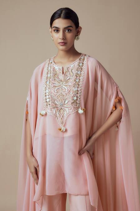 Yoshita Couture Pink Georgette Pearls, Sequins Open Neck, Kashmiri Hand Embroidered Kaftan Set Online at Aza Fashions Yoshita Couture_Pink Georgette Pearls, Sequins Open Neck, Kashmiri Hand Embroidered Kaftan Set _Online_at_Aza_Fashions