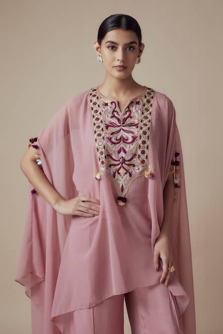 Yoshita Couture_Pink Georgette Mirrors, Embroidery, Tassels Open Neck, Kashmiri Kaftan Set _Online_at_Aza_Fashions