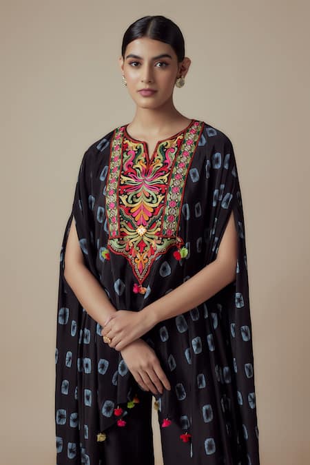 Yoshita Couture_Black Georgette Tassels Split V-neck Mirror Embroidered Kaftan Set _Online_at_Aza_Fashions