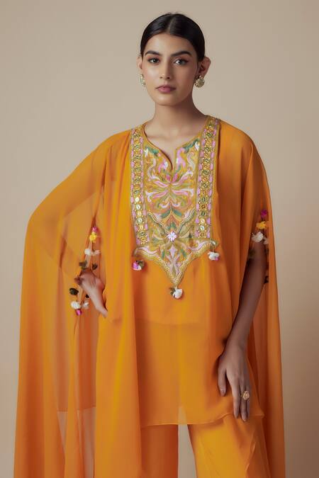 Yoshita Couture_Yellow Georgette, Cotton Tassels, Mirrors, Embroidery Open Hand Kaftan Set _Online_at_Aza_Fashions