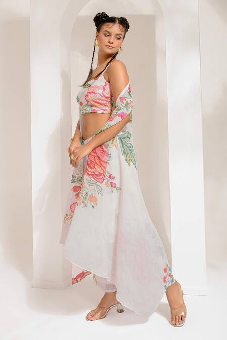 Preeti Mehta_Ivory Georgette, Polyester Studs, Cut Work Scoop Floral Dana Cape Palazzo Set _Online_at_Aza_Fashions