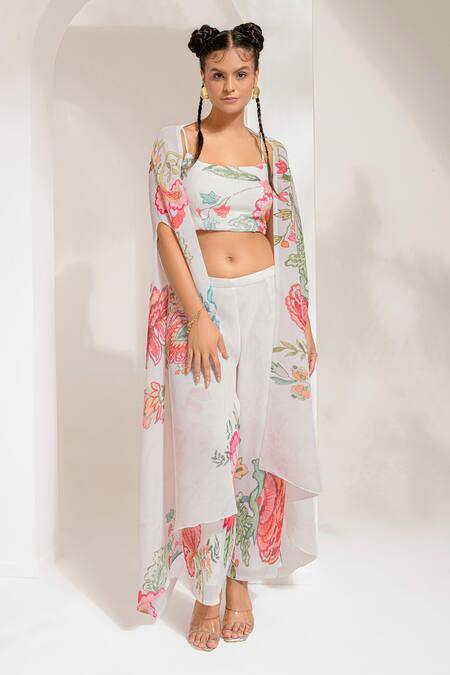 Buy_Preeti Mehta_Ivory Georgette, Polyester Studs, Cut Work Scoop Floral Dana Cape Palazzo Set _Online_at_Aza_Fashions