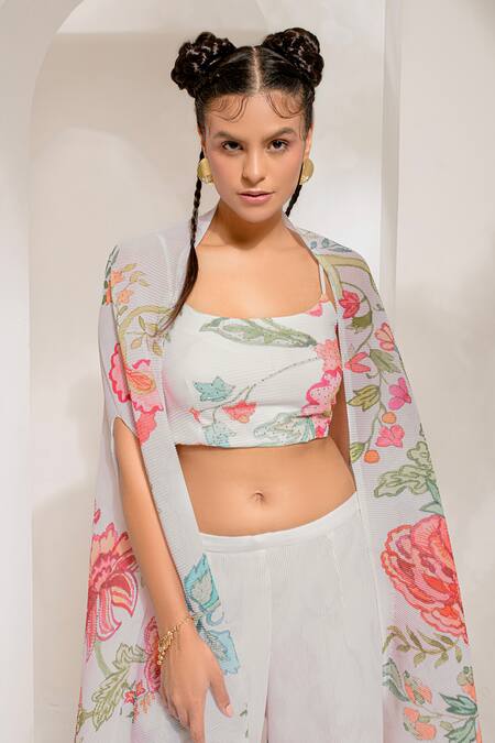 Shop_Preeti Mehta_Ivory Georgette, Polyester Studs, Cut Work Scoop Floral Dana Cape Palazzo Set _Online_at_Aza_Fashions