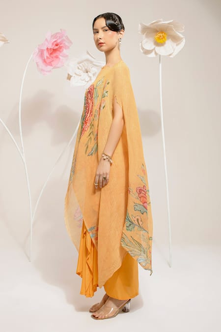 Shop Preeti Mehta Yellow Lurex, Viscose Pearls, Embroidery Round Floral Embellished Kaftan Set Online at Aza Fashions Shop_Preeti Mehta_Yellow Lurex, Viscose Pearls, Embroidery Round Floral Embellished Kaftan Set _Online_at_Aza_Fashions