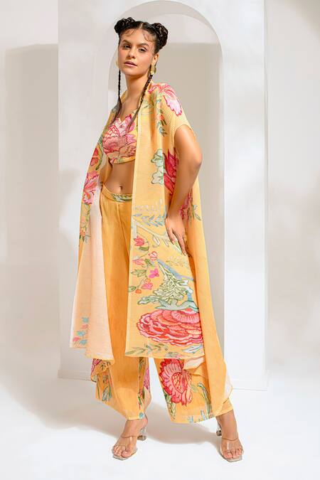 Preeti Mehta Yellow Georgette, Polyester Embroidery, Studs, Cut Floral Dana Cape Palazzo Set Online at Aza Fashions Preeti Mehta_Yellow Georgette, Polyester Embroidery, Studs, Cut Floral Dana Cape Palazzo Set _Online_at_Aza_Fashions