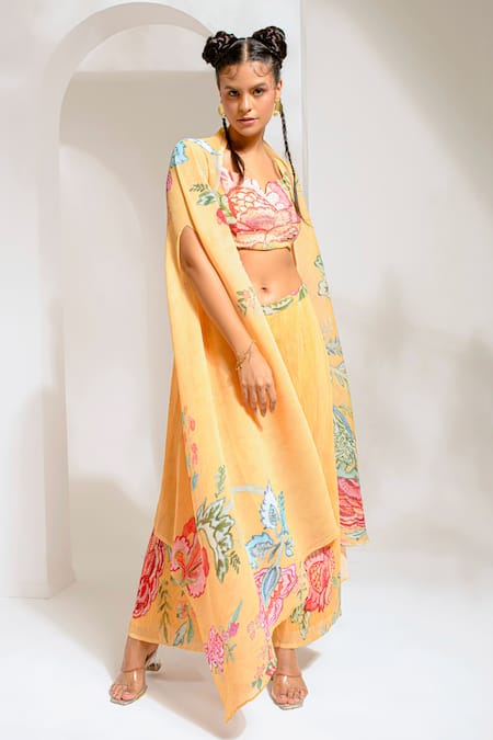 Buy Preeti Mehta Yellow Georgette, Polyester Embroidery, Studs, Cut Floral Dana Cape Palazzo Set Online at Aza Fashions Buy_Preeti Mehta_Yellow Georgette, Polyester Embroidery, Studs, Cut Floral Dana Cape Palazzo Set _Online_at_Aza_Fashions