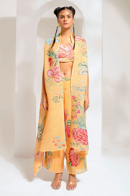 Shop Preeti Mehta Yellow Georgette, Polyester Embroidery, Studs, Cut Floral Dana Cape Palazzo Set Online at Aza Fashions Shop_Preeti Mehta_Yellow Georgette, Polyester Embroidery, Studs, Cut Floral Dana Cape Palazzo Set _Online_at_Aza_Fashions