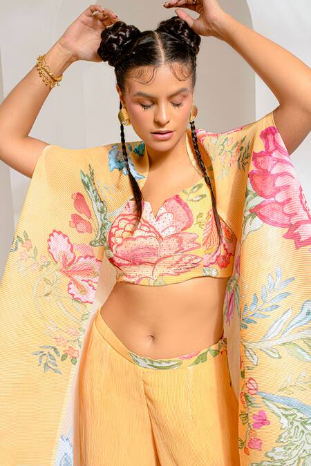 Preeti Mehta Yellow Georgette, Polyester Embroidery, Studs, Cut Floral Dana Cape Palazzo Set at Aza Fashions Preeti Mehta_Yellow Georgette, Polyester Embroidery, Studs, Cut Floral Dana Cape Palazzo Set _at_Aza_Fashions