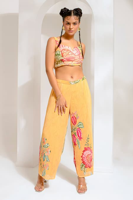 Buy Preeti Mehta Yellow Georgette, Polyester Embroidery, Studs, Cut Floral Dana Cape Palazzo Set Buy_Preeti Mehta_Yellow Georgette, Polyester Embroidery, Studs, Cut Floral Dana Cape Palazzo Set