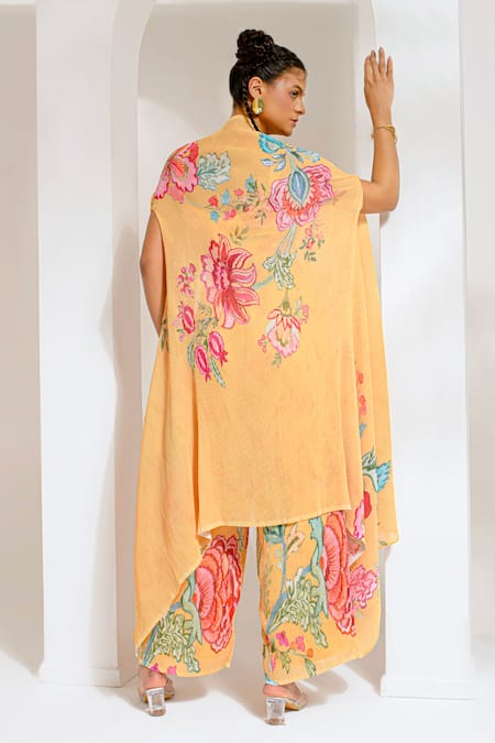 Shop Preeti Mehta Yellow Georgette, Polyester Embroidery, Studs, Cut Floral Dana Cape Palazzo Set at Aza Fashions Shop_Preeti Mehta_Yellow Georgette, Polyester Embroidery, Studs, Cut Floral Dana Cape Palazzo Set _at_Aza_Fashions