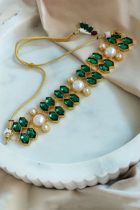 Shop_Bblingg_Green Crystals, Pearls And Swarovski Choker _at_Aza_Fashions