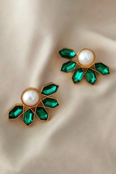 Shop Bblingg Green Crystals, Pearls Swarovski Stud Earrings at Aza Fashions Shop_Bblingg_Green Crystals, Pearls Swarovski Stud Earrings _at_Aza_Fashions