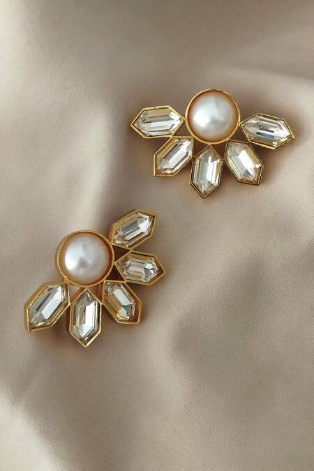 Shop Bblingg White Crystals, Pearls Floral And Swarovski Stud Earrings at Aza Fashions Shop_Bblingg_White Crystals, Pearls Floral And Swarovski Stud Earrings _at_Aza_Fashions