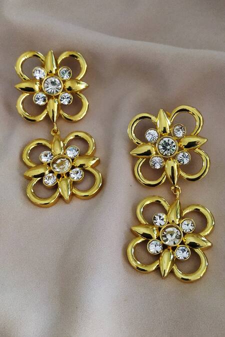 Shop Bblingg White Stones Gold Floral Dangler Earrings at Aza Fashions Shop_Bblingg_White Stones Gold Floral Dangler Earrings _at_Aza_Fashions