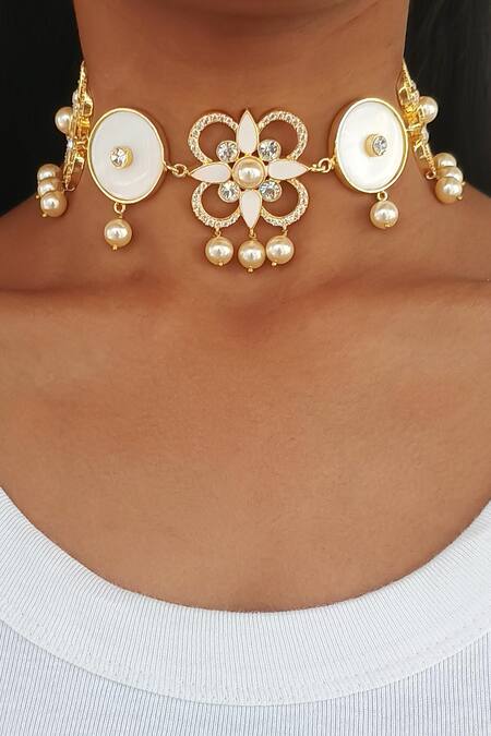 Bblingg_White Floral Swarovski Choker_Online_at_Aza_Fashions