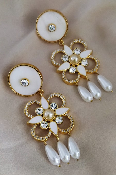 Shop Bblingg White Pearls, Smocking, Crystals Gold Tone Floral Dangler Earrings at Aza Fashions Shop_Bblingg_White Pearls, Smocking, Crystals Gold Tone Floral Dangler Earrings _at_Aza_Fashions