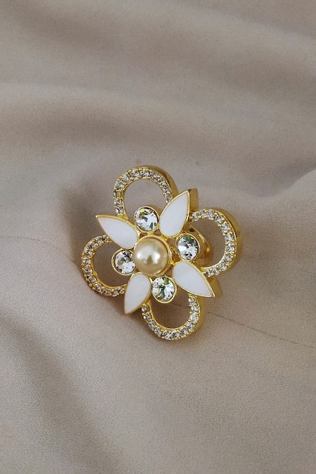 Shop Bblingg White Pearls, Smocking, Crystals Floral Ring at Aza Fashions Shop_Bblingg_White Pearls, Smocking, Crystals Floral Ring _at_Aza_Fashions