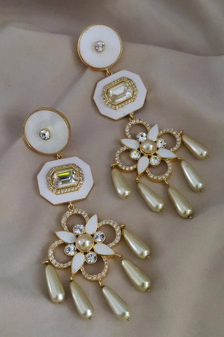 Shop Bblingg White Pearls, Smocking, Crystals Floral Enamel Statement Earrings at Aza Fashions Shop_Bblingg_White Pearls, Smocking, Crystals Floral Enamel Statement Earrings _at_Aza_Fashions