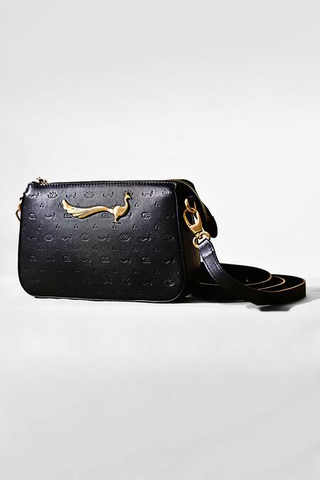 Gla_Black Embroidery Embossed Leather Handbag_Online_at_Aza_Fashions