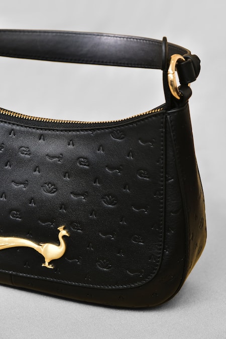 Gla_Black Embroidery Floral Embossed Leather Handbag_Online_at_Aza_Fashions