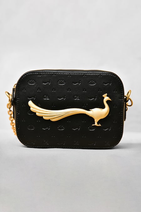 Gla_Black Embroidery Embossed Leather Box Bag_Online_at_Aza_Fashions