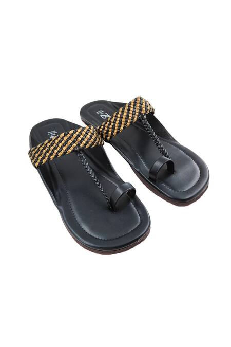 The Madras Trunk_Black Woven Handcrafted Strap Kolhapuri Flats _Online_at_Aza_Fashions