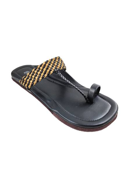 Buy_The Madras Trunk_Black Woven Handcrafted Strap Kolhapuri Flats _Online_at_Aza_Fashions