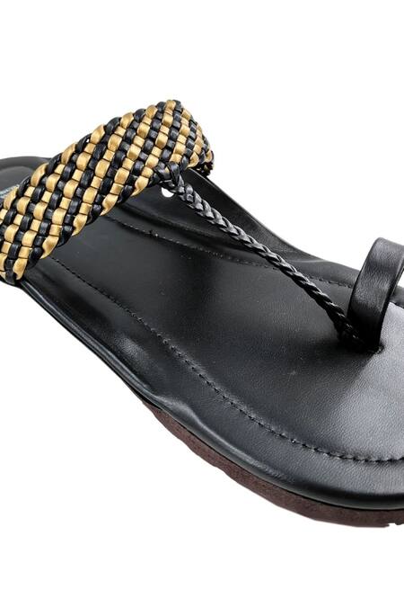 Shop_The Madras Trunk_Black Woven Handcrafted Strap Kolhapuri Flats _Online_at_Aza_Fashions