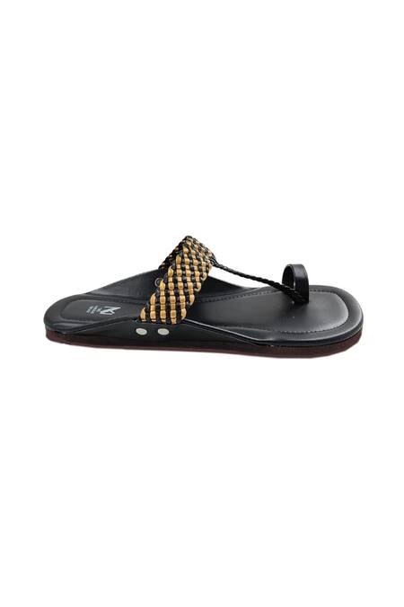 The Madras Trunk_Black Woven Handcrafted Strap Kolhapuri Flats _at_Aza_Fashions
