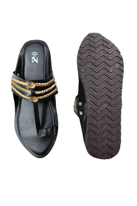 Shop_The Madras Trunk_Black Faux Leather Braided Strap Kolhapuri Flats _at_Aza_Fashions